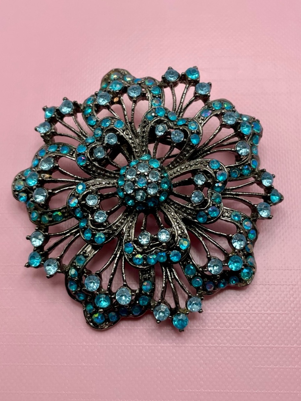 Turquoise Crystal Filigree Flower Brooch